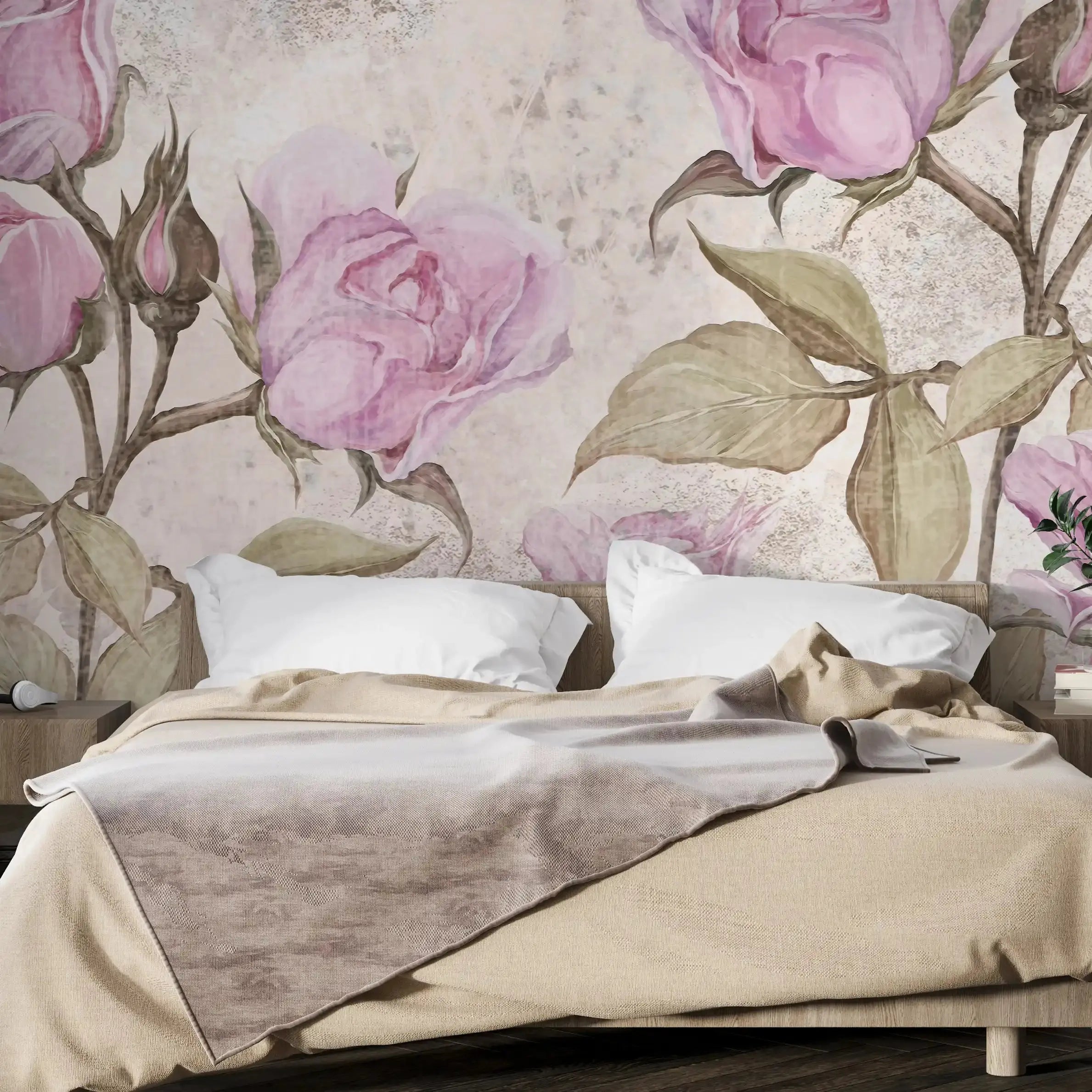 3002-A / Floral Peel and Stick Wallpaper - Pink Roses Mural, Vintage Mural for Wall Decor, Ideal for Bedroom and Bathroom - Artevella