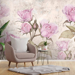 3002-A / Floral Peel and Stick Wallpaper - Pink Roses Mural, Vintage Mural for Wall Decor, Ideal for Bedroom and Bathroom - Artevella