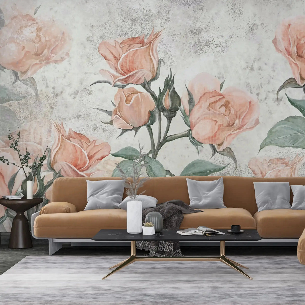 3002-B / Floral Peel and Stick Wallpaper - Orange Roses Mural, Vintage Mural for Wall Decor, Ideal for Bedroom and Bathroom - Artevella