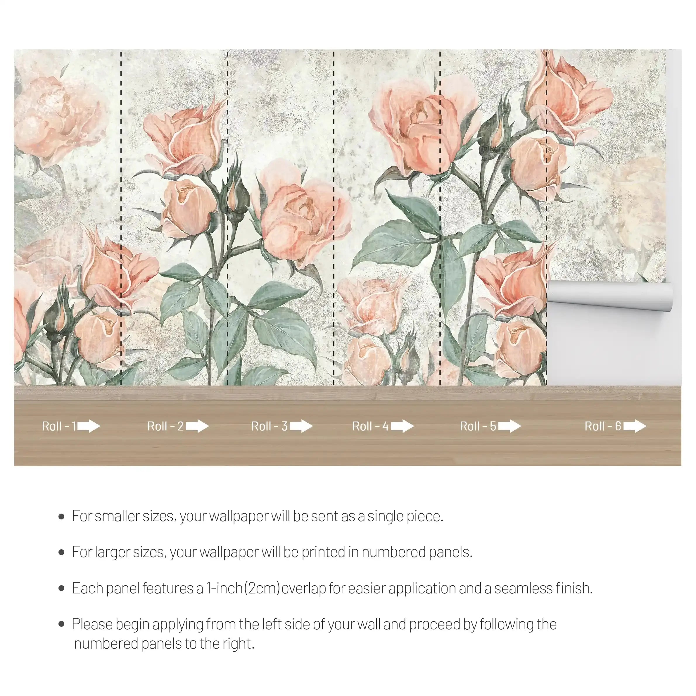3002-B / Floral Peel and Stick Wallpaper - Orange Roses Mural, Vintage Mural for Wall Decor, Ideal for Bedroom and Bathroom - Artevella
