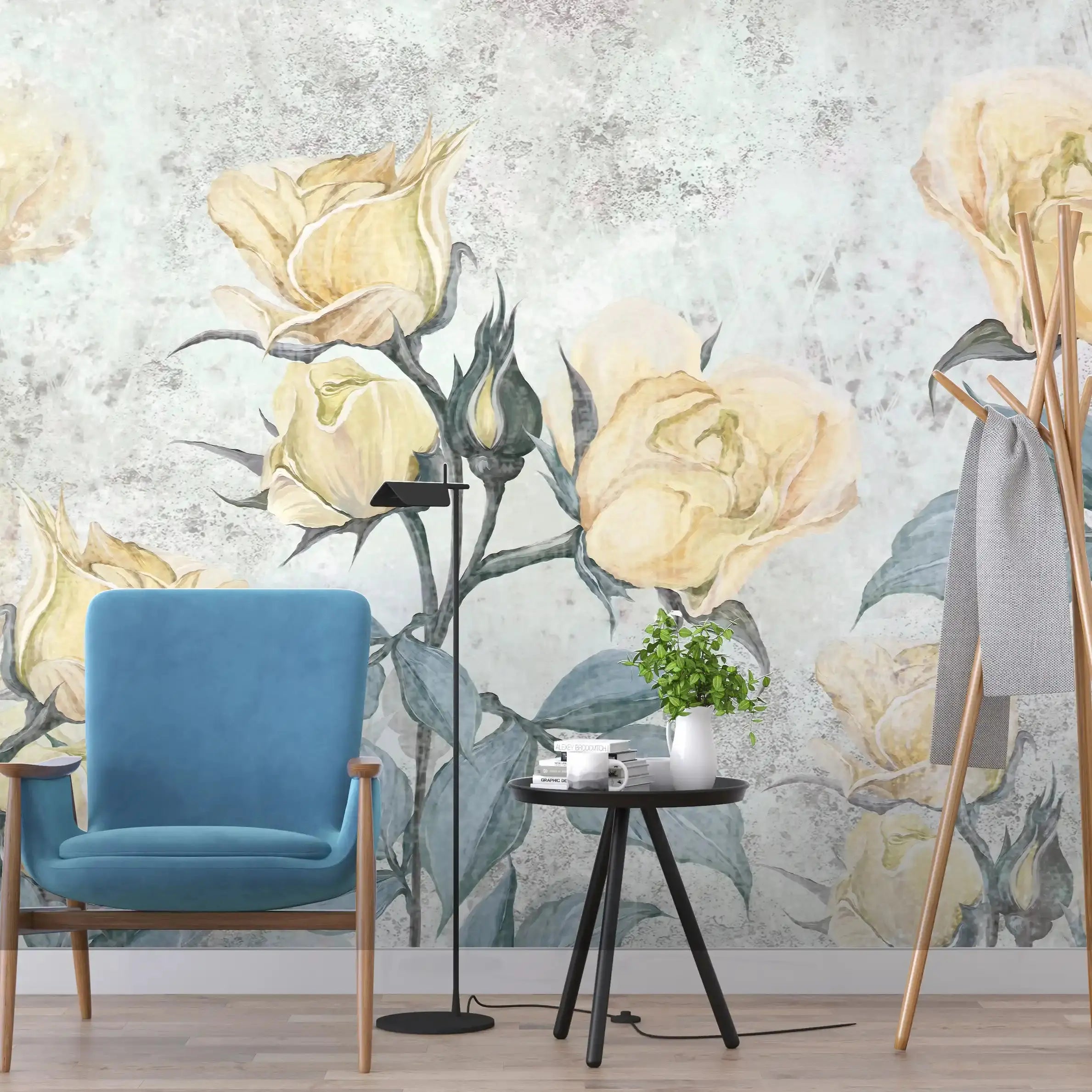 3002-C / Floral Peel and Stick Wallpaper - Yellow Roses Mural, Vintage Mural for Wall Decor, Ideal for Bedroom and Bathroom - Artevella
