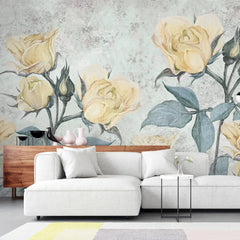 3002-C / Floral Peel and Stick Wallpaper - Yellow Roses Mural, Vintage Mural for Wall Decor, Ideal for Bedroom and Bathroom - Artevella