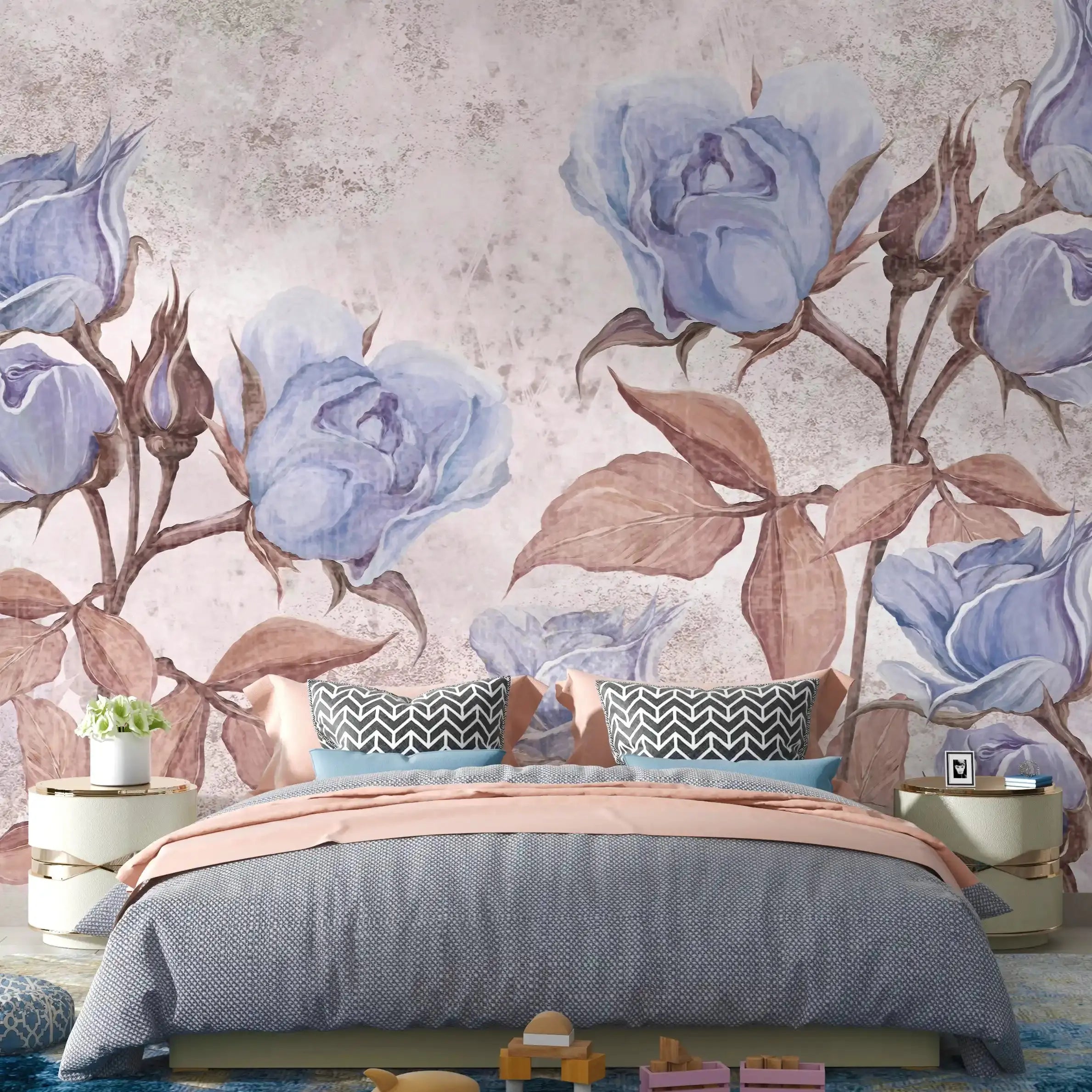 3002-D / Floral Peel and Stick Wallpaper - Purple Roses Mural, Vintage Mural for Wall Decor, Ideal for Bedroom and Bathroom - Artevella