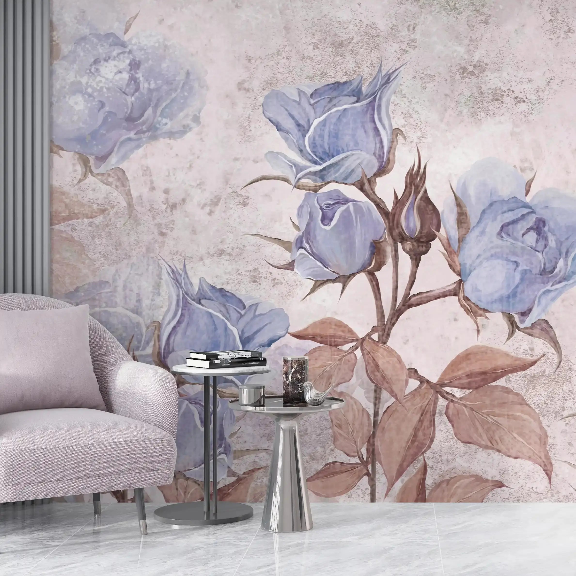 3002-D / Floral Peel and Stick Wallpaper - Purple Roses Mural, Vintage Mural for Wall Decor, Ideal for Bedroom and Bathroom - Artevella