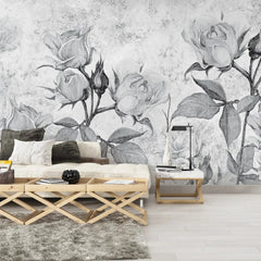 3002-E / Floral Peel and Stick Wallpaper - Grey Roses Mural, Vintage Mural for Wall Decor, Ideal for Bedroom and Bathroom - Artevella