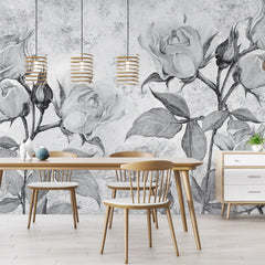 3002-E / Floral Peel and Stick Wallpaper - Grey Roses Mural, Vintage Mural for Wall Decor, Ideal for Bedroom and Bathroom - Artevella