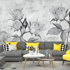 3002-E / Floral Peel and Stick Wallpaper - Grey Roses Mural, Vintage Mural for Wall Decor, Ideal for Bedroom and Bathroom - Artevella