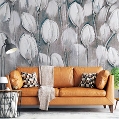 3008-A / Peel and Stick Wallpaper Floral: Silver and White Tulips Design, Perfect Wall Decor for Bathroom and Bedroom - Artevella