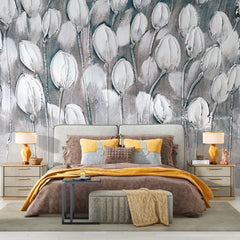 3008-A / Peel and Stick Wallpaper Floral: Silver and White Tulips Design, Perfect Wall Decor for Bathroom and Bedroom - Artevella