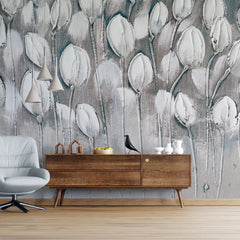 3008-A / Peel and Stick Wallpaper Floral: Silver and White Tulips Design, Perfect Wall Decor for Bathroom and Bedroom - Artevella