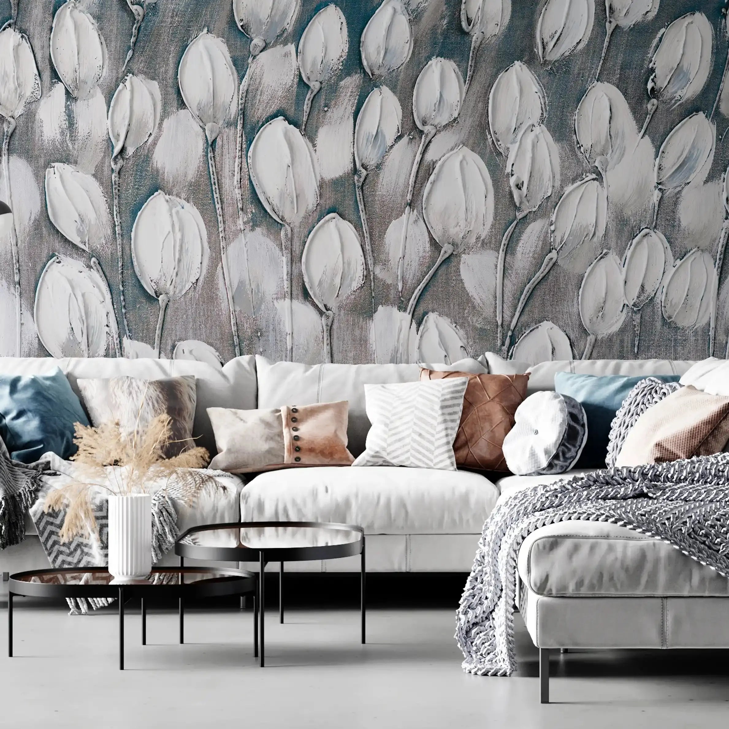 3008-A / Peel and Stick Wallpaper Floral: Silver and White Tulips Design, Perfect Wall Decor for Bathroom and Bedroom - Artevella