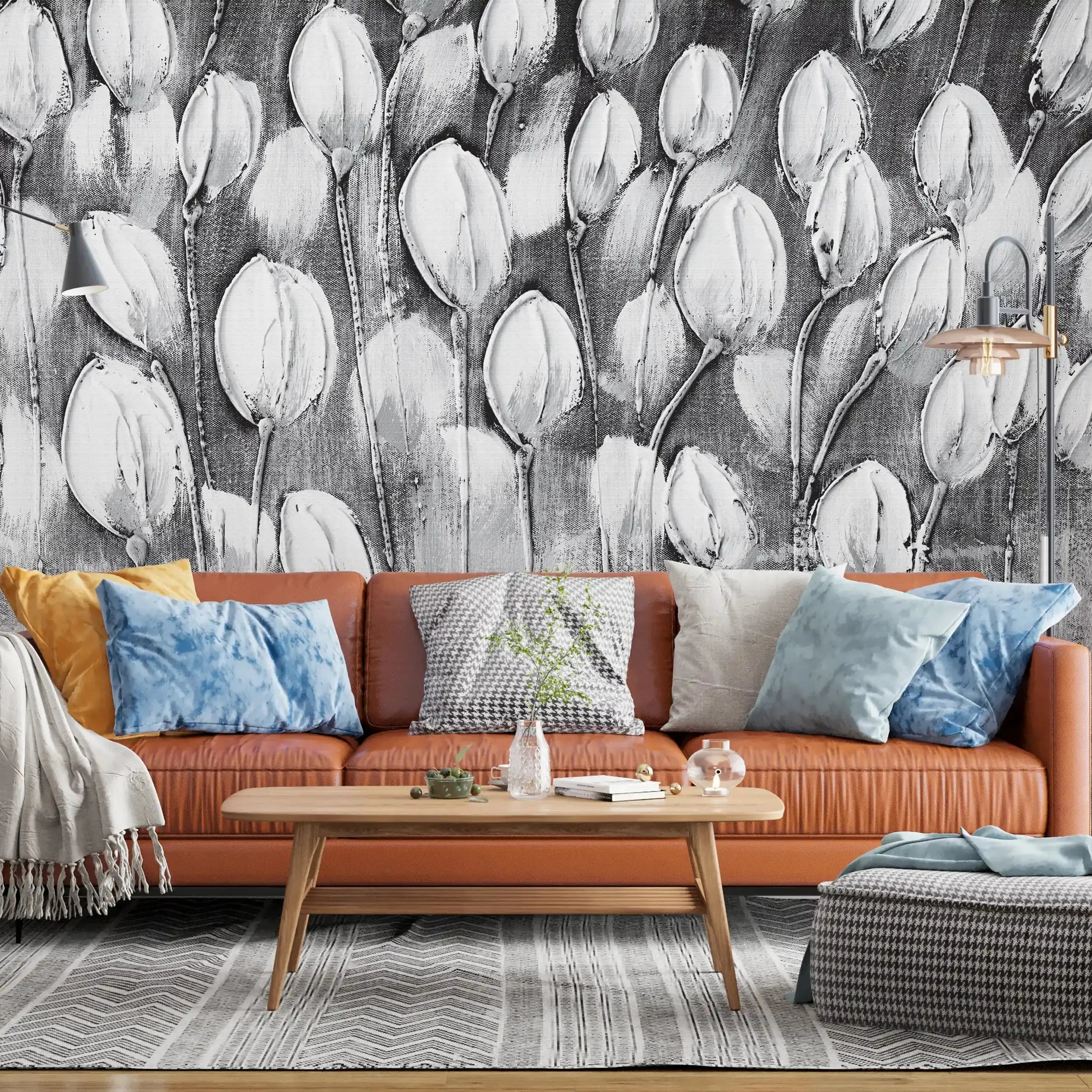 3008-E / Peel and Stick Wallpaper Floral: Silver and White Tulips Design, Perfect Wall Decor for Bathroom and Bedroom - Artevella