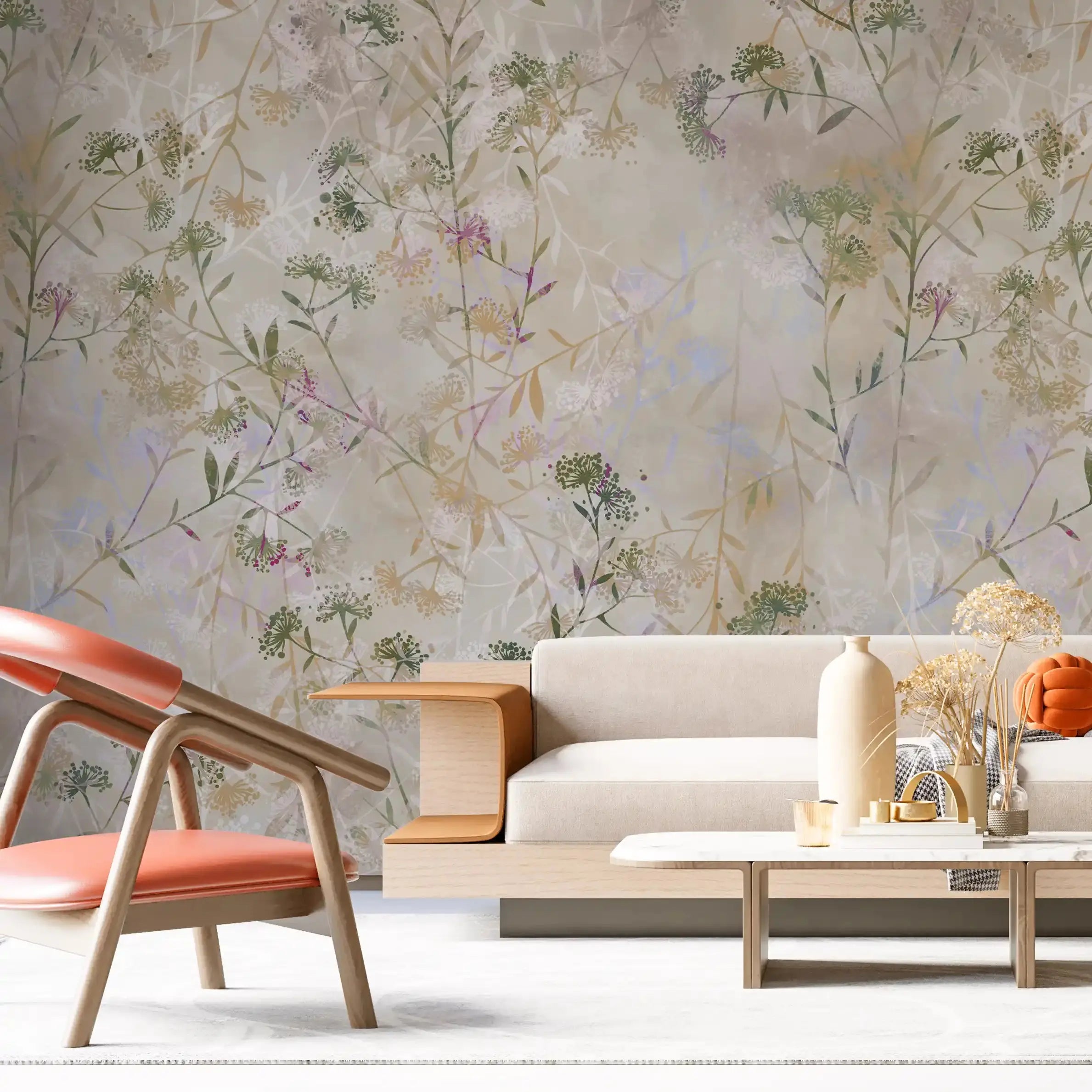 3009-A / Wild Floral Wall Mural - Beige Patterned Peel and Stick Wallpaper for Bedroom and Bathroom - Artevella