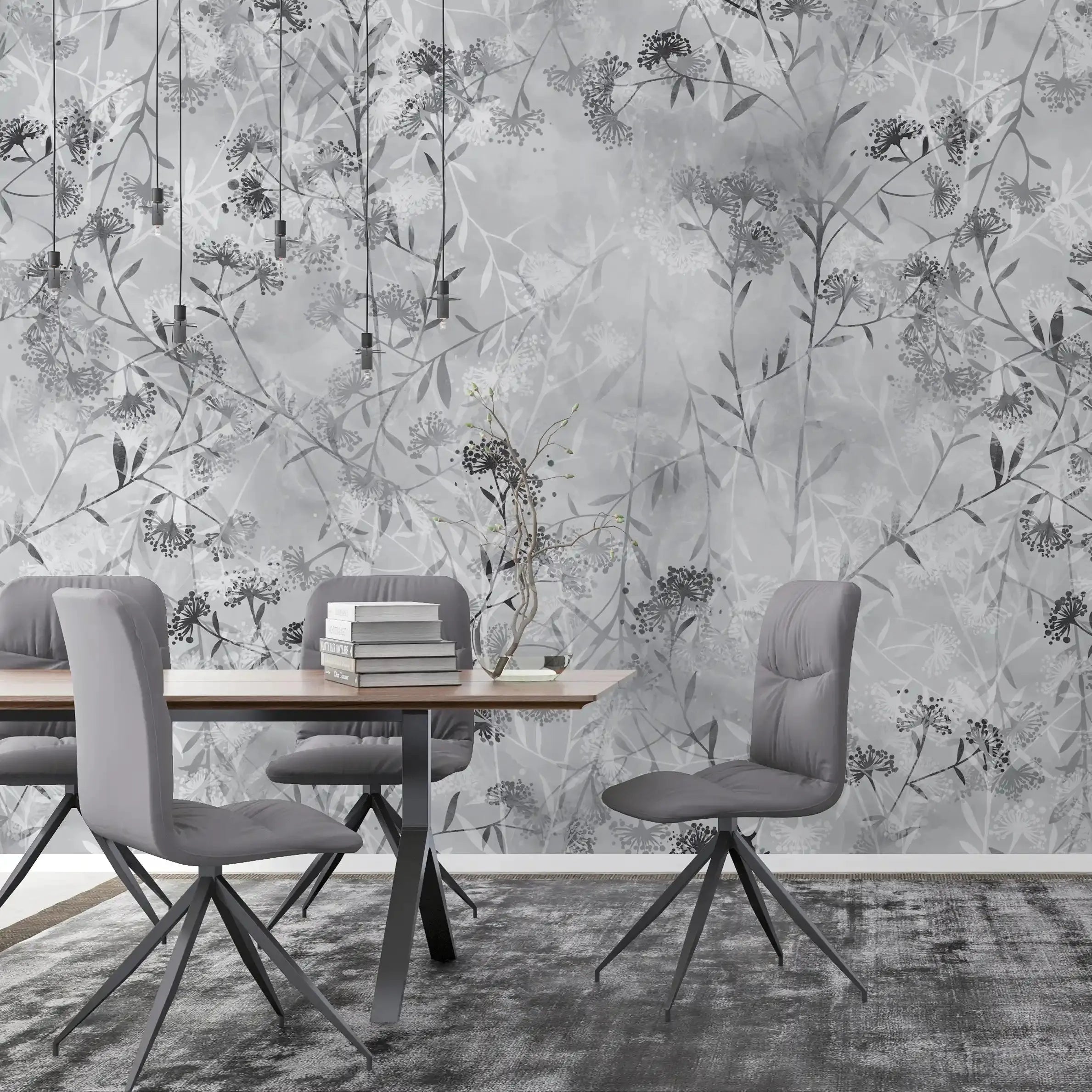 3009-E / Wild Floral Wall Mural - Grey Patterned Peel and Stick Wallpaper for Bedroom and Bathroom - Artevella