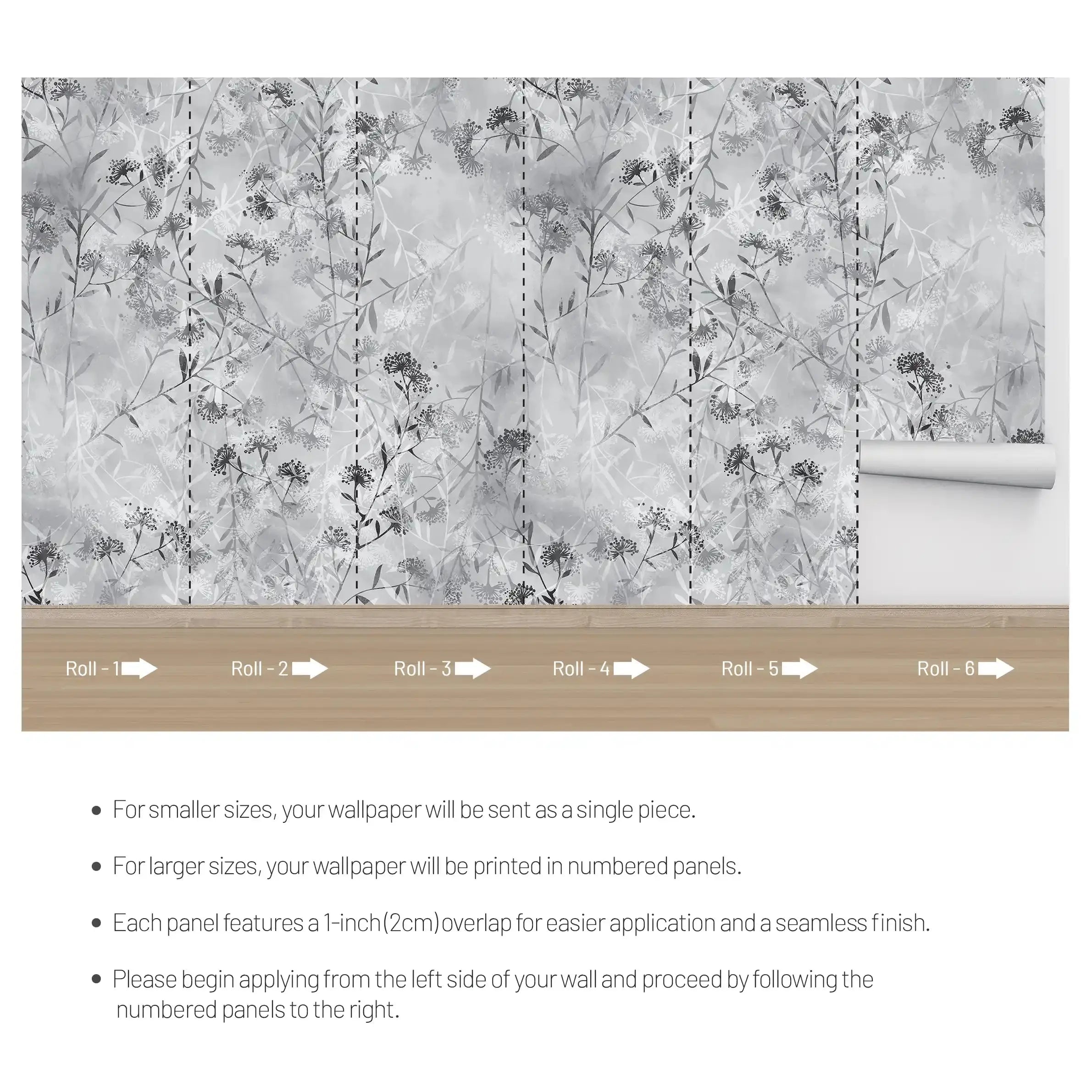 3009-E / Wild Floral Wall Mural - Grey Patterned Peel and Stick Wallpaper for Bedroom and Bathroom - Artevella