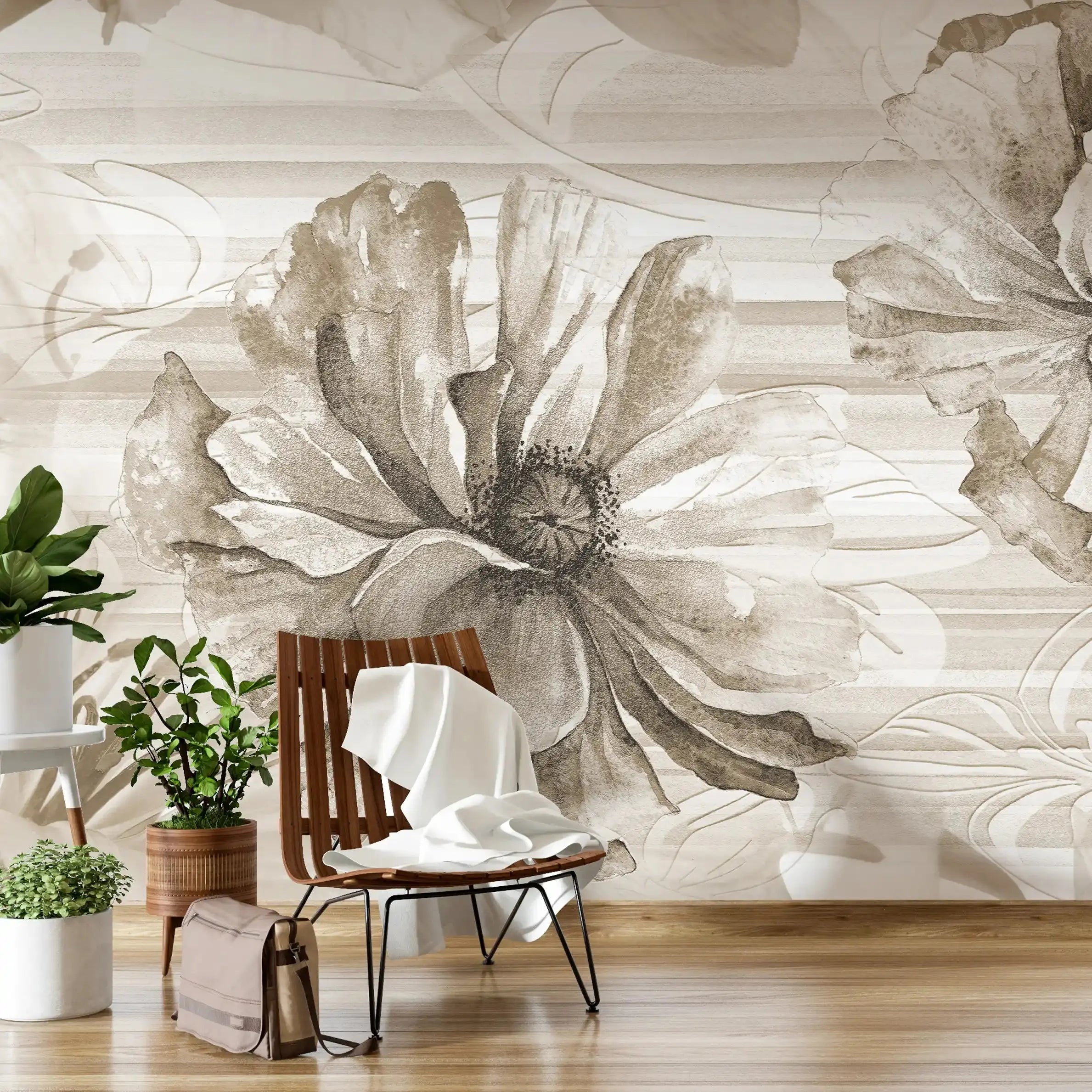 3011-C / Tropical Wallpaper - Watercolor Floral Pattern Peel and Stick Mural for Kitchen and Bathroom - Artevella