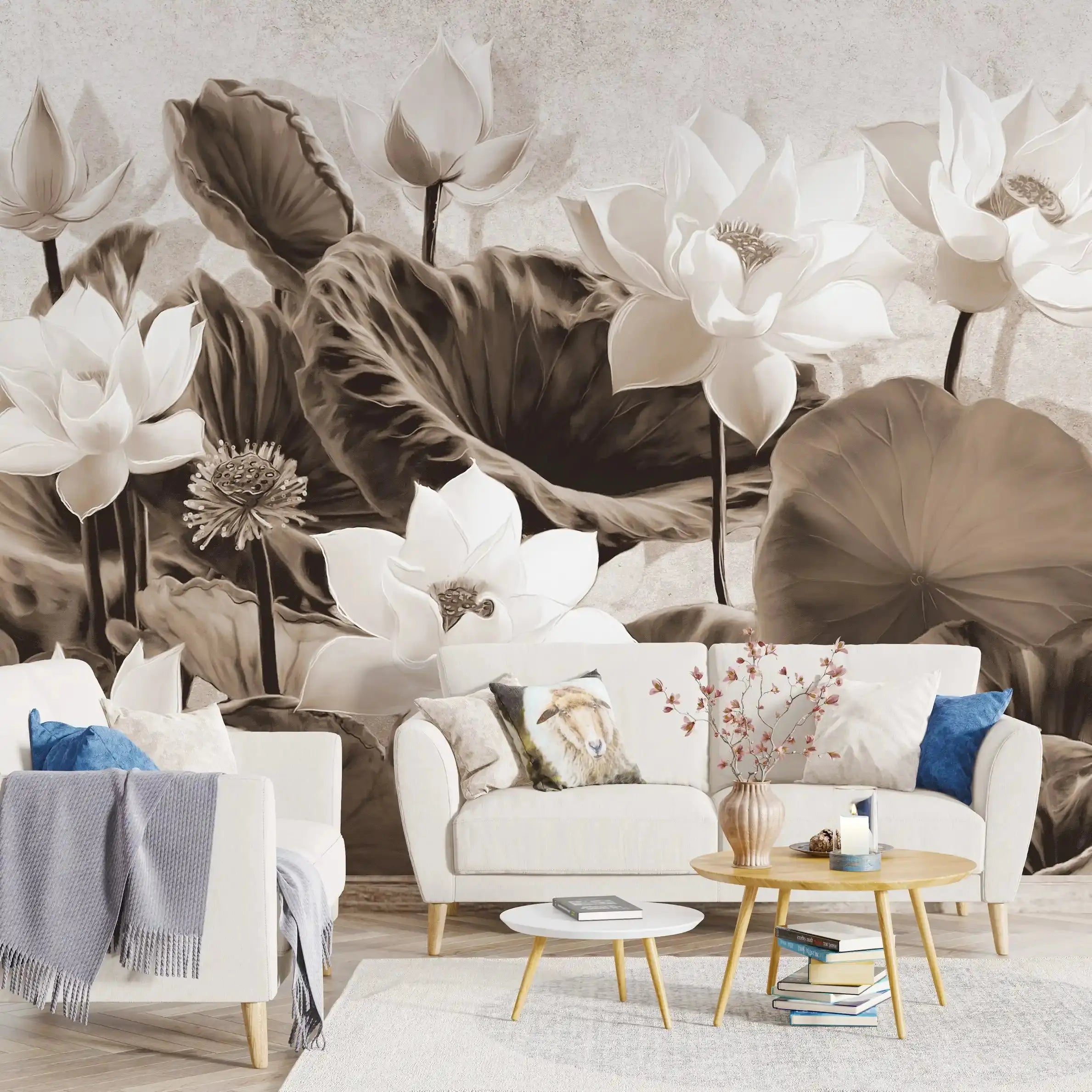 3019-C / Botanical Wallpaper: Self-Adhesive Lotus Blossom, Modern Room Decor for Easy Peel and Stick Installations - Artevella