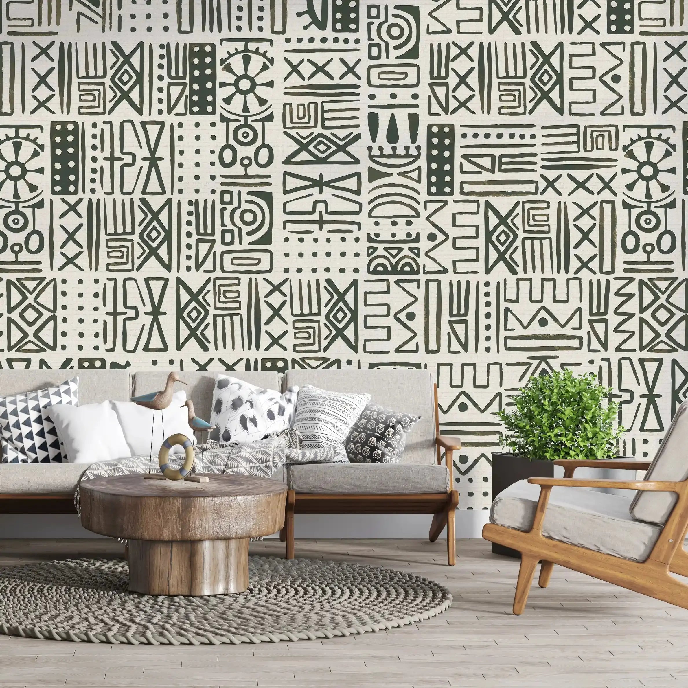 3030-A / African Inspired Peel and Stick Wallpaper, Geometric Khaki and Beige Patterns Wall Mural - Artevella