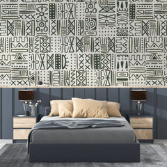 3030-A / African Inspired Peel and Stick Wallpaper, Geometric Khaki and Beige Patterns Wall Mural - Artevella