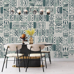 3030-B / African Inspired Peel and Stick Wallpaper, Geometric Dark Green and Beige Patterns Wall Mural - Artevella