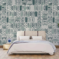 3030-B / African Inspired Peel and Stick Wallpaper, Geometric Dark Green and Beige Patterns Wall Mural - Artevella