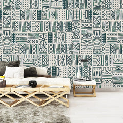 3030-B / African Inspired Peel and Stick Wallpaper, Geometric Dark Green and Beige Patterns Wall Mural - Artevella