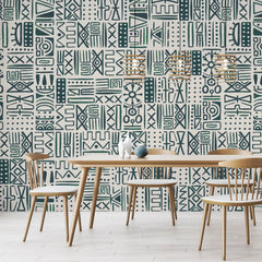 3030-B / African Inspired Peel and Stick Wallpaper, Geometric Dark Green and Beige Patterns Wall Mural - Artevella