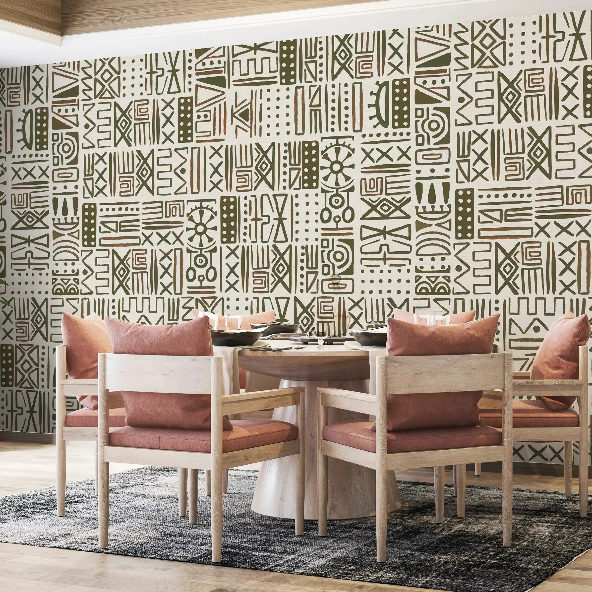 3030-C / African Inspired Peel and Stick Wallpaper, Geometric Khaki and Beige Patterns Wall Mural - Artevella