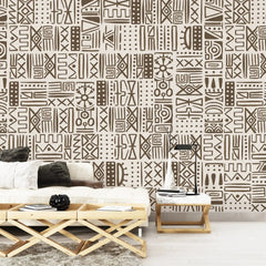 3030-D / African Inspired Peel and Stick Wallpaper, Geometric Brown and Beige Patterns Wall Mural - Artevella