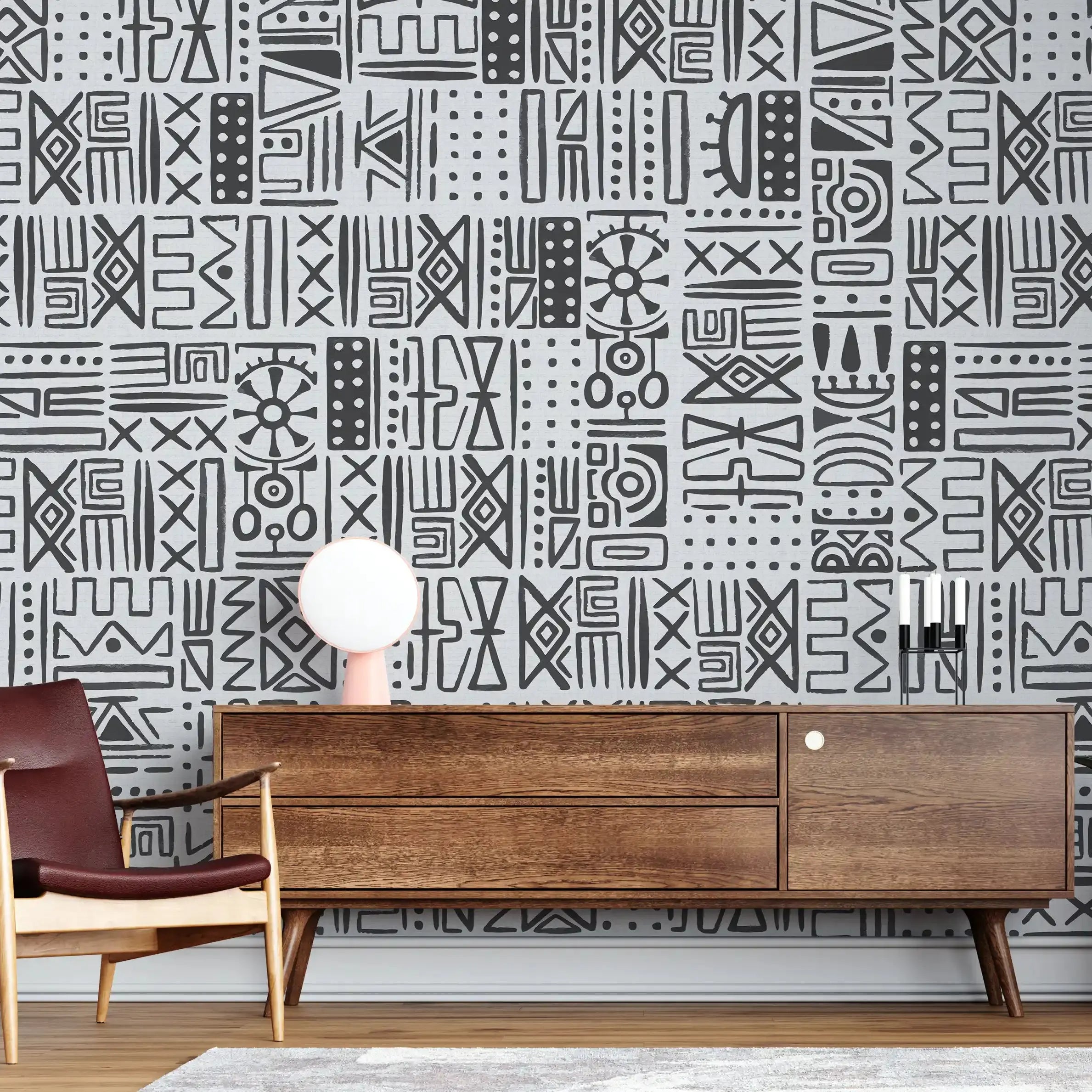 3030-E / African Inspired Peel and Stick Wallpaper, Geometric Black and Beige Patterns Wall Mural - Artevella
