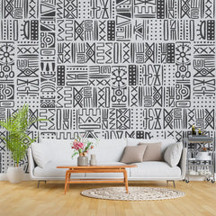 3030-E / African Inspired Peel and Stick Wallpaper, Geometric Black and Beige Patterns Wall Mural - Artevella