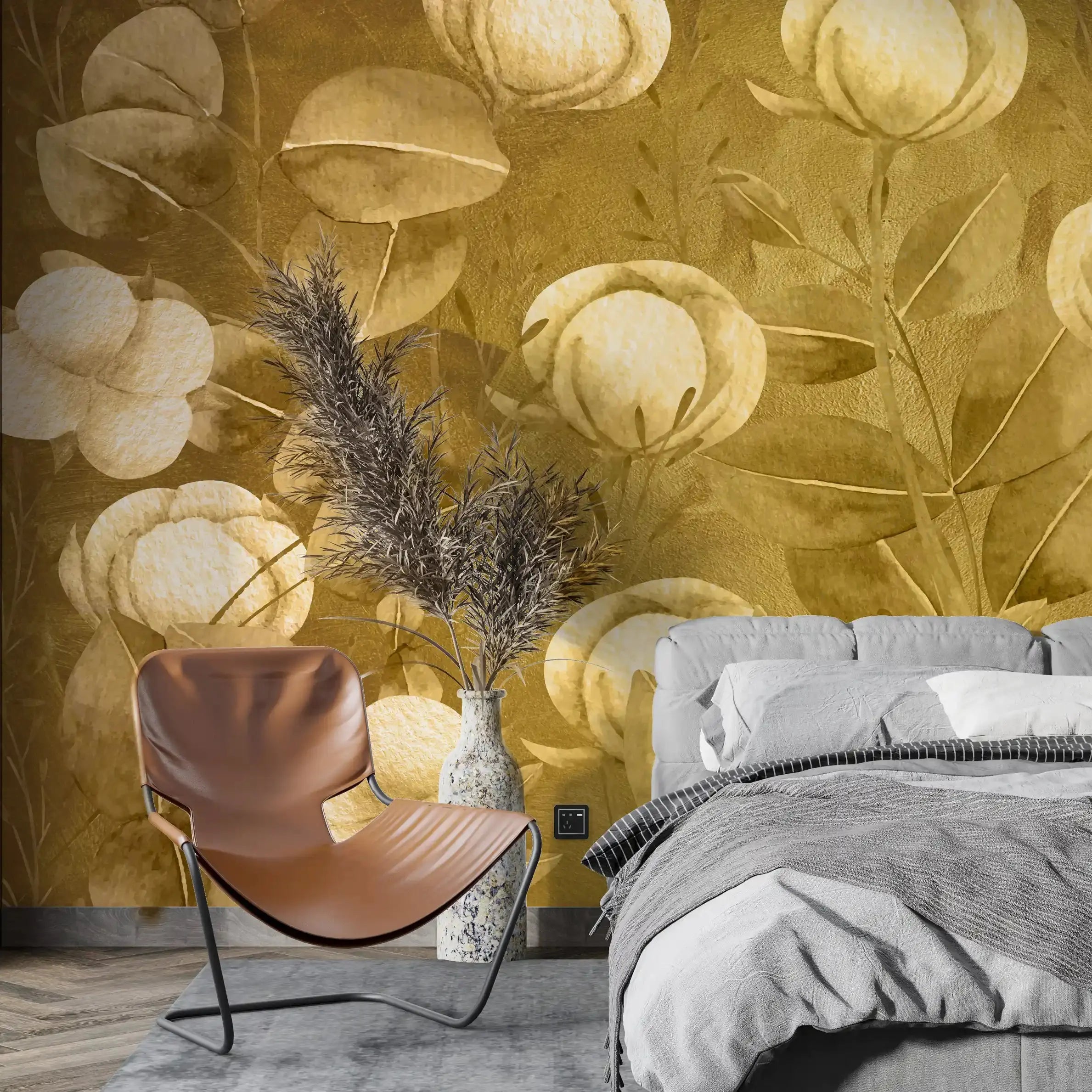 3035-A / Floral Wall Decor: Peelable, Stickable Wallpaper with Tulips Design on Gold Background, Ideal for Room Decor - Artevella