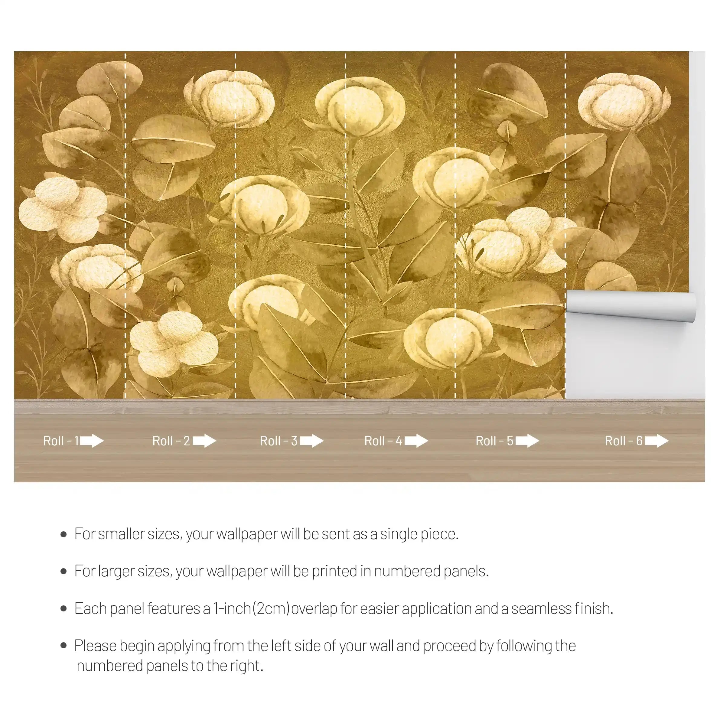 3035-A / Floral Wall Decor: Peelable, Stickable Wallpaper with Tulips Design on Gold Background, Ideal for Room Decor - Artevella