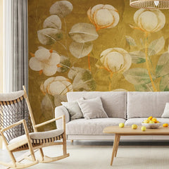 3035-B / Floral Wall Decor: Peelable, Stickable Wallpaper with Tulips Design on Gold Background, Ideal for Room Decor - Artevella