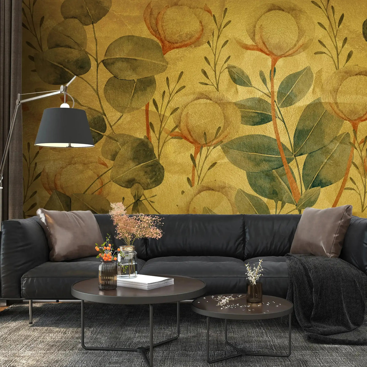 3035-C / Floral Wall Decor: Peelable, Stickable Wallpaper with Tulips Design on Gold Background, Ideal for Room Decor - Artevella