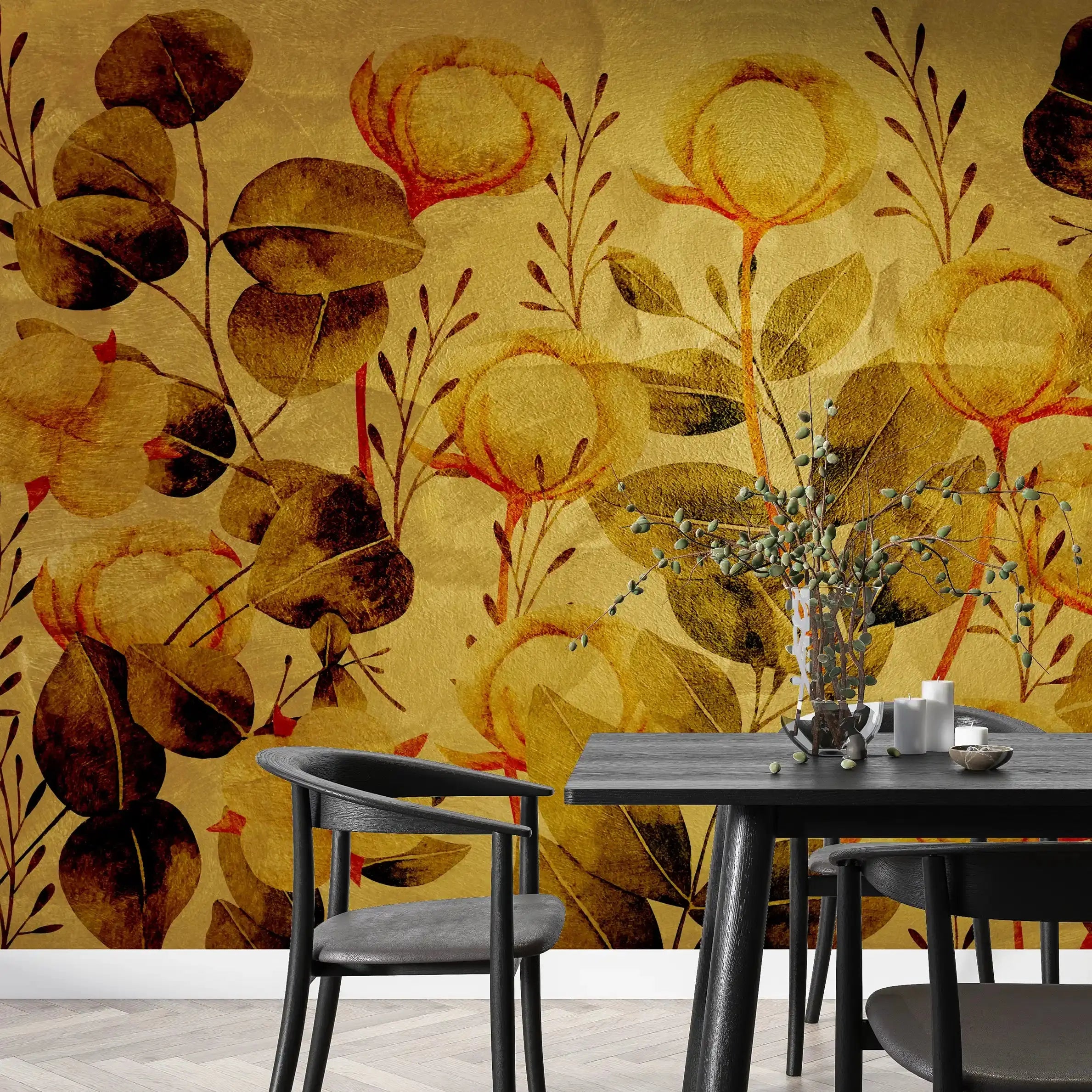 3035-D / Floral Wall Decor: Peelable, Stickable Wallpaper with Tulips Design on Gold Background, Ideal for Room Decor - Artevella