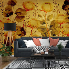 3035-D / Floral Wall Decor: Peelable, Stickable Wallpaper with Tulips Design on Gold Background, Ideal for Room Decor - Artevella