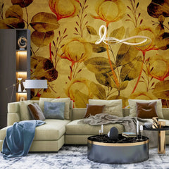 3035-D / Floral Wall Decor: Peelable, Stickable Wallpaper with Tulips Design on Gold Background, Ideal for Room Decor - Artevella