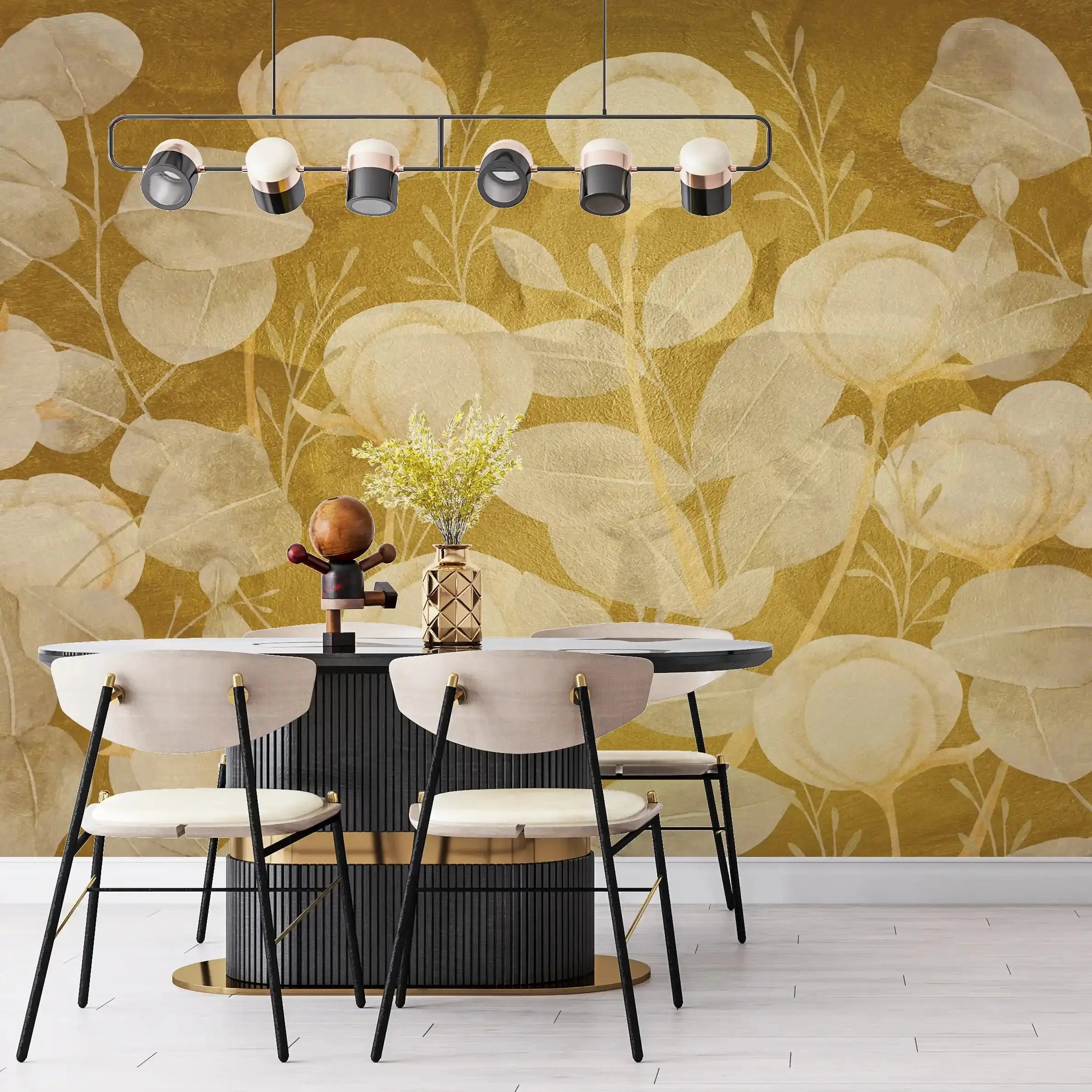 3035-E / Floral Wall Decor: Peelable, Stickable Wallpaper with Tulips Design on Gold Background, Ideal for Room Decor - Artevella