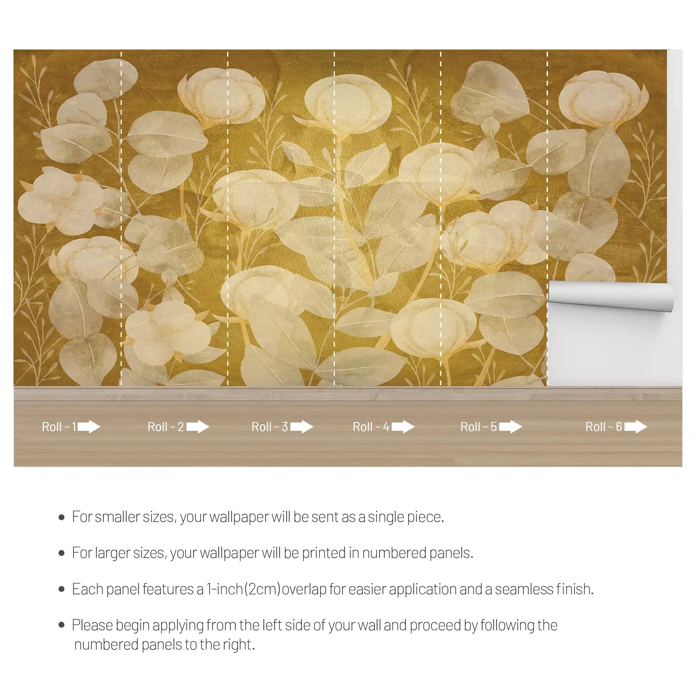 3035-E / Floral Wall Decor: Peelable, Stickable Wallpaper with Tulips Design on Gold Background, Ideal for Room Decor - Artevella