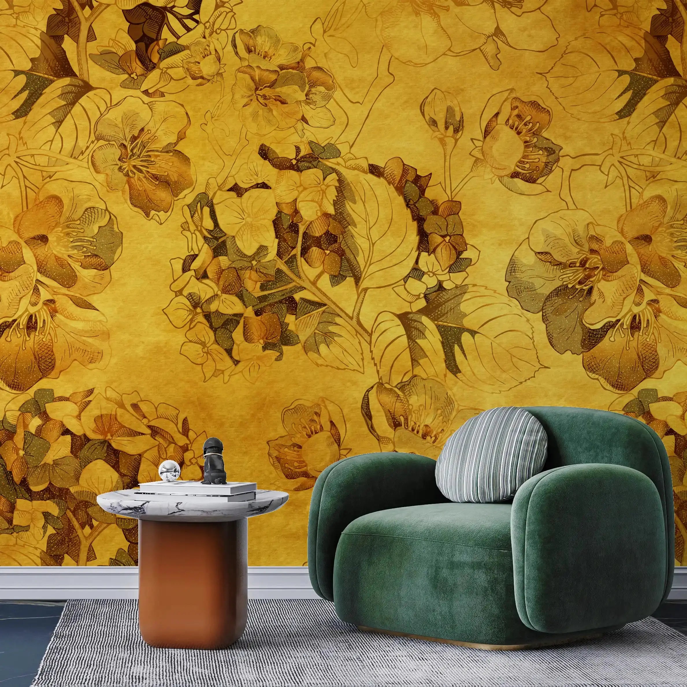 3036-A / Vintage Floral Mural Wallpaper: Yellow and Brown Art Style, Easy Install for Accent Wall Decor and Bathroom - Artevella