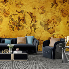 3036-A / Vintage Floral Mural Wallpaper: Yellow and Brown Art Style, Easy Install for Accent Wall Decor and Bathroom - Artevella