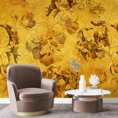 3036-A / Vintage Floral Mural Wallpaper: Yellow and Brown Art Style, Easy Install for Accent Wall Decor and Bathroom - Artevella