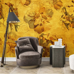 3036-A / Vintage Floral Mural Wallpaper: Yellow and Brown Art Style, Easy Install for Accent Wall Decor and Bathroom - Artevella
