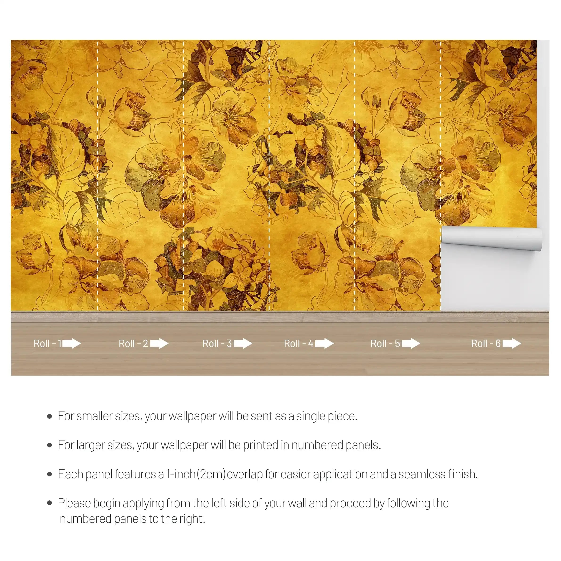 3036-A / Vintage Floral Mural Wallpaper: Yellow and Brown Art Style, Easy Install for Accent Wall Decor and Bathroom - Artevella