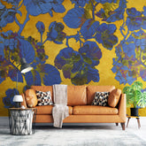 3036-B / Vintage Floral Mural Wallpaper: Yellow and Blue Art Style, Easy Install for Accent Wall Decor and Bathroom - Artevella