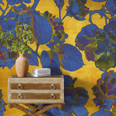 3036-B / Vintage Floral Mural Wallpaper: Yellow and Blue Art Style, Easy Install for Accent Wall Decor and Bathroom - Artevella