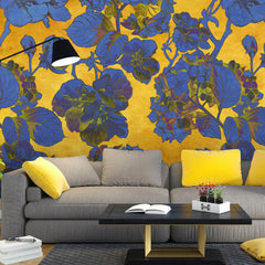 3036-B / Vintage Floral Mural Wallpaper: Yellow and Blue Art Style, Easy Install for Accent Wall Decor and Bathroom - Artevella