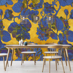 3036-B / Vintage Floral Mural Wallpaper: Yellow and Blue Art Style, Easy Install for Accent Wall Decor and Bathroom - Artevella