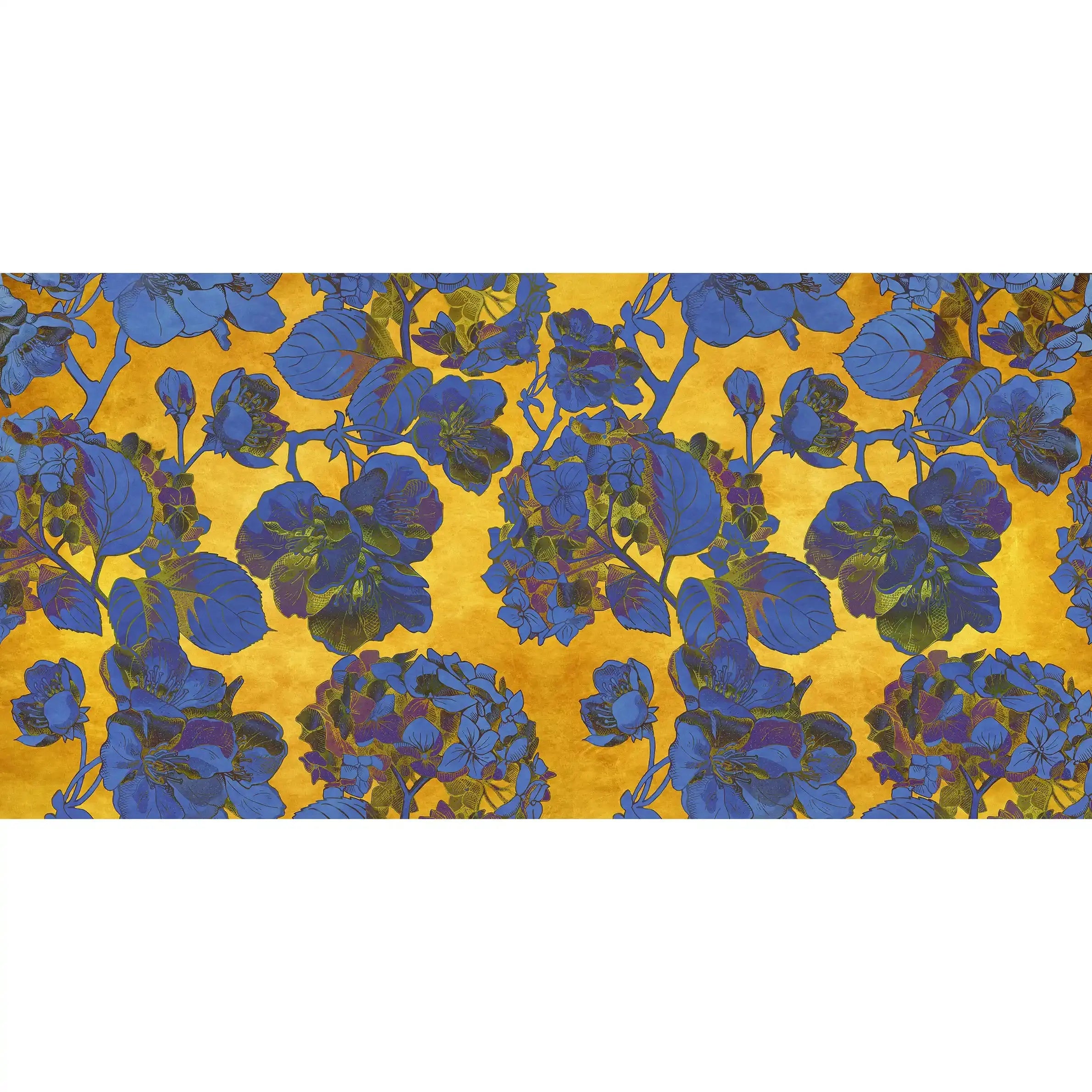 3036-B / Vintage Floral Mural Wallpaper: Yellow and Blue Art Style, Easy Install for Accent Wall Decor and Bathroom - Artevella